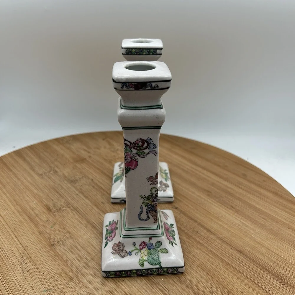 Pair Chinese Porcelain Candle Holders Famille Rose Style Square Base Vintage‎